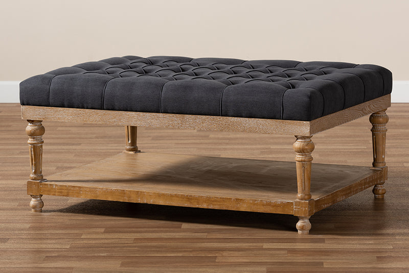 Baxton Studio Lindsey Modern and Rustic Charcoal Linen Fabric Upholstered and Greywashed Wood Cocktail Ottoman