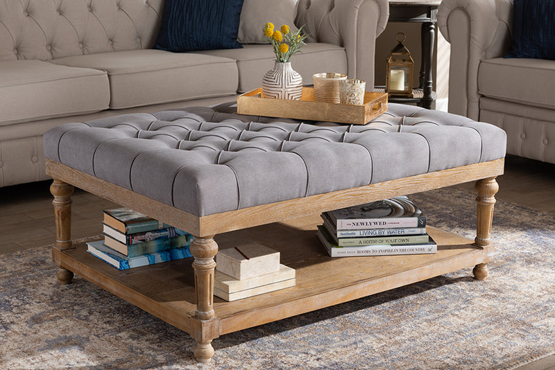 Baxton Studio Lindsey Modern and Rustic Grey Linen Fabric Upholstered and Greywashed Wood Cocktail Ottoman