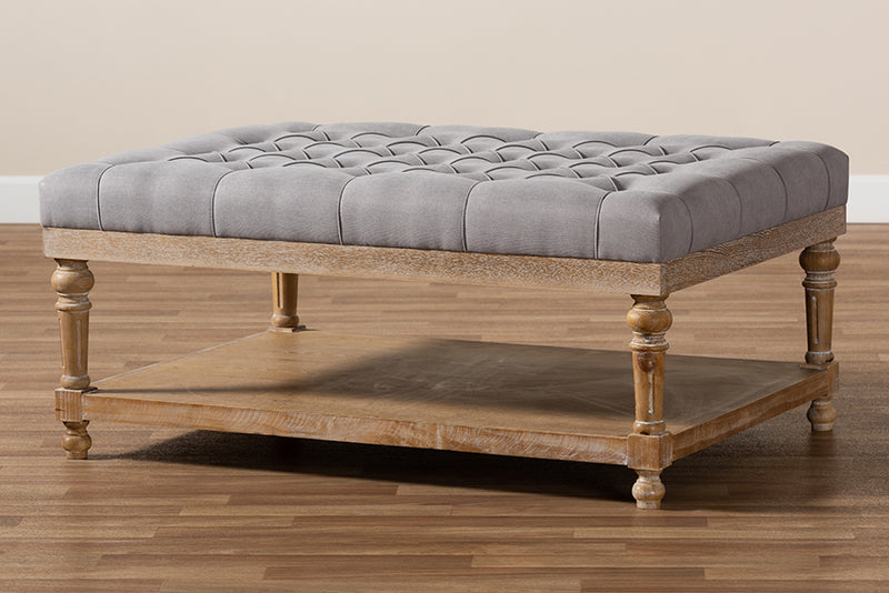 Baxton Studio Lindsey Modern and Rustic Grey Linen Fabric Upholstered and Greywashed Wood Cocktail Ottoman