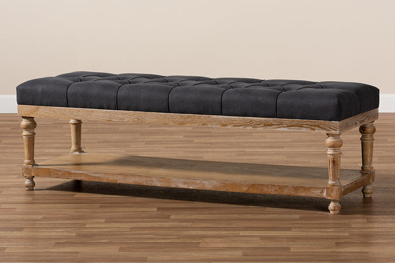 Baxton Studio Linda Modern and Rustic Charcoal Linen Fabric Upholstered and Greywashed Wood Storage Bench