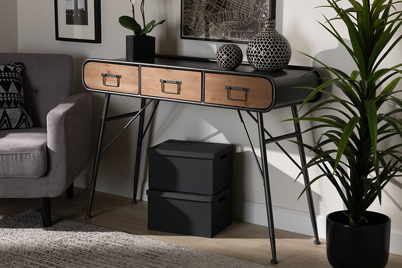 Baxton Studio Santo Modern and Contemporary Industrial Black Metal and Oak Brown Finished Wood 3-Drawer Entryway Console Table