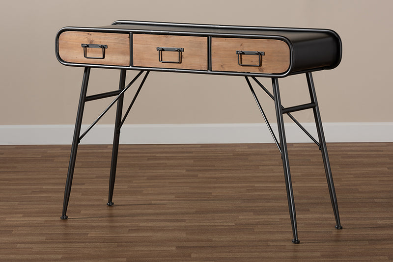 Baxton Studio Santo Modern and Contemporary Industrial Black Metal and Oak Brown Finished Wood 3-Drawer Entryway Console Table