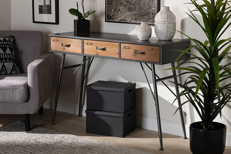 Baxton Studio Ariana Modern and Contemporary Industrial Black and Oak Brown Finished Wood 3-Drawer Metal Console Table