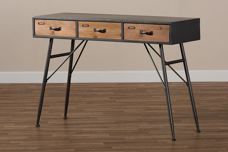 Baxton Studio Ariana Modern and Contemporary Industrial Black and Oak Brown Finished Wood 3-Drawer Metal Console Table