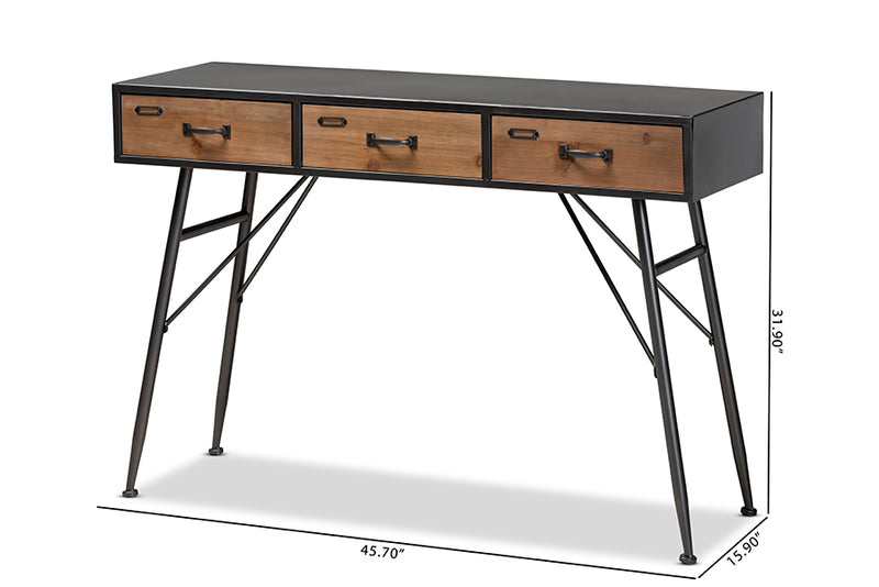 Baxton Studio Ariana Modern and Contemporary Industrial Black and Oak Brown Finished Wood 3-Drawer Metal Console Table