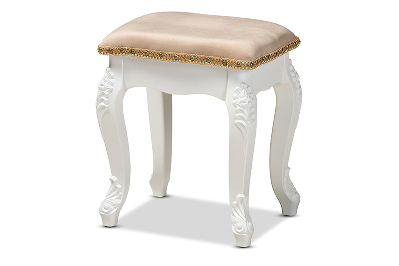 Baxton Studio Isabella Classic and Traditional French Beige Velvet Fabric Upholstered and White Finished Wood Ottoman Stool