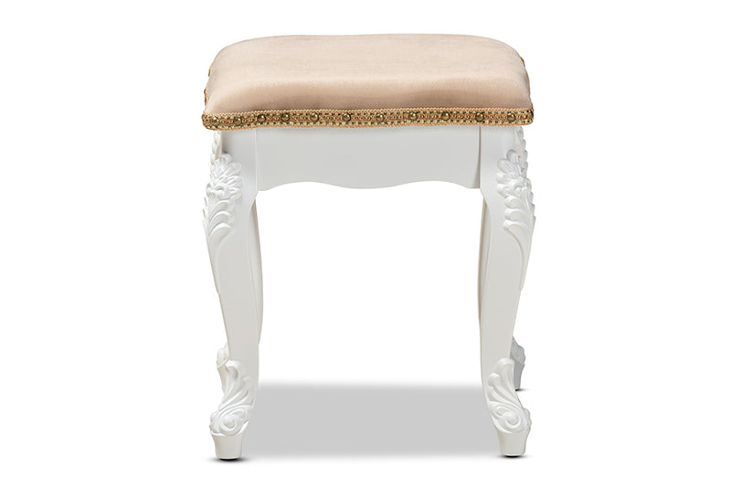 Baxton Studio Isabella Classic and Traditional French Beige Velvet Fabric Upholstered and White Finished Wood Ottoman Stool