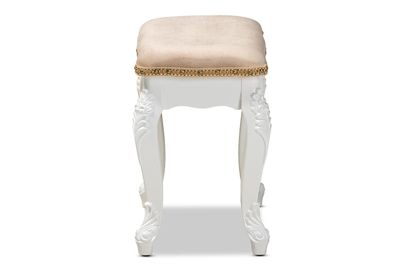 Baxton Studio Isabella Classic and Traditional French Beige Velvet Fabric Upholstered and White Finished Wood Ottoman Stool