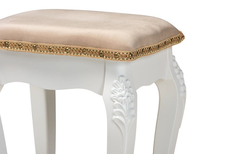 Baxton Studio Isabella Classic and Traditional French Beige Velvet Fabric Upholstered and White Finished Wood Ottoman Stool