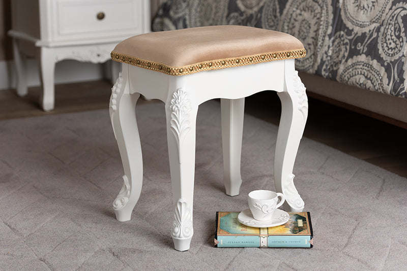Baxton Studio Isabella Classic and Traditional French Beige Velvet Fabric Upholstered and White Finished Wood Ottoman Stool