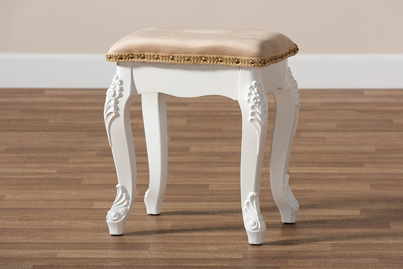 Baxton Studio Isabella Classic and Traditional French Beige Velvet Fabric Upholstered and White Finished Wood Ottoman Stool