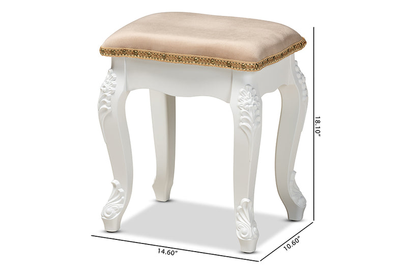 Baxton Studio Isabella Classic and Traditional French Beige Velvet Fabric Upholstered and White Finished Wood Ottoman Stool