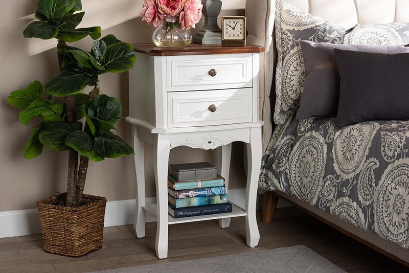 Baxton Studio Darla Classic and Traditional French White and Cherry Brown Finished Wood 2-Drawer Nightstand