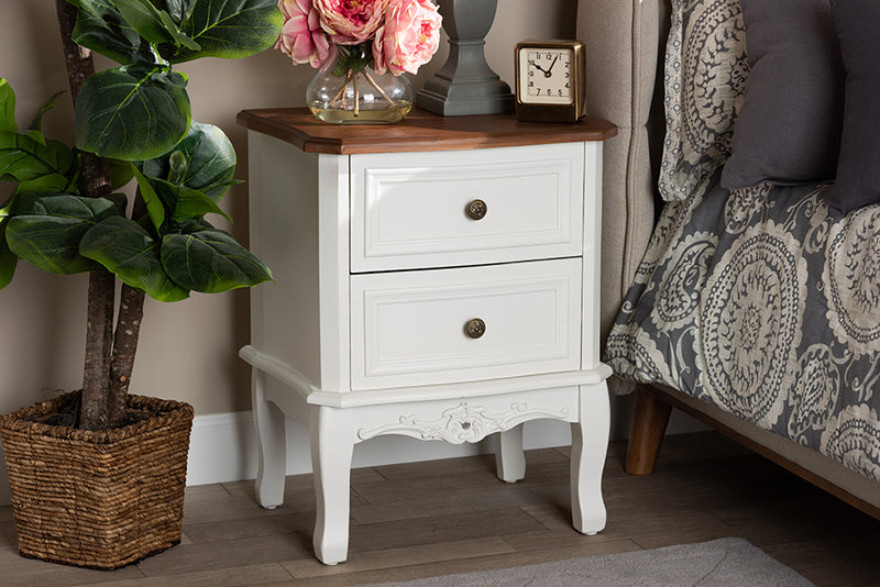 Baxton Studio Darlene Classic and Traditional French White and Cherry Brown Finished Wood 2-Drawer Nightstand