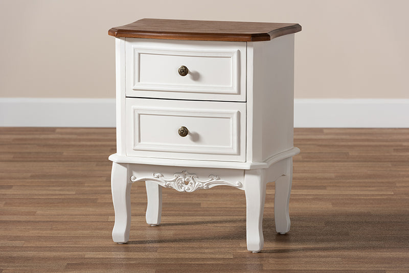 Baxton Studio Darlene Classic and Traditional French White and Cherry Brown Finished Wood 2-Drawer Nightstand