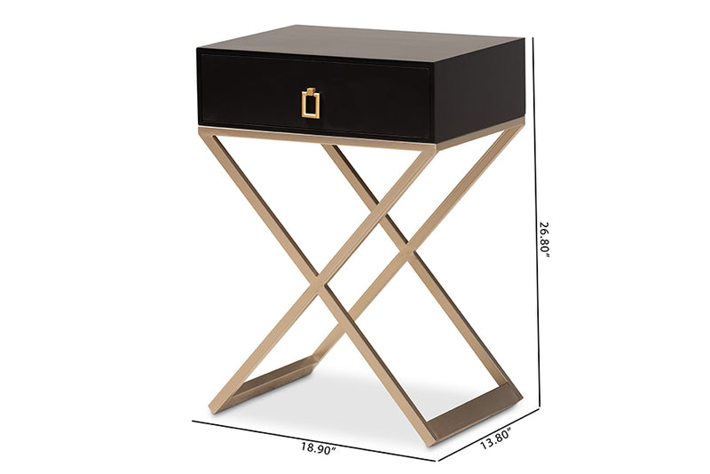 Baxton Studio Patricia Modern and Contemporary Black Finished Wood and Powder Coated Brass Effect Metal 1-Drawer Nightstand