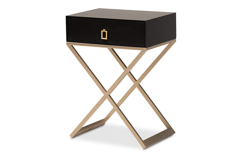 Baxton Studio Patricia Modern and Contemporary Black Finished Wood and Powder Coated Brass Effect Metal 1-Drawer Nightstand