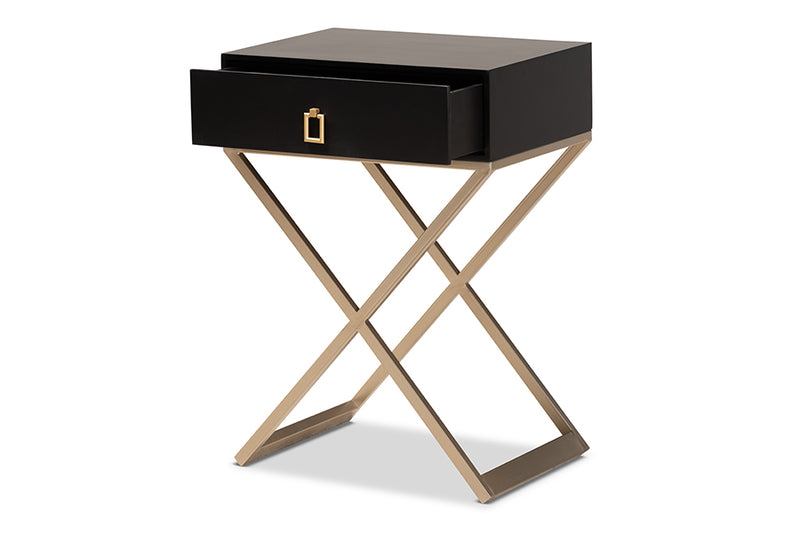 Baxton Studio Patricia Modern and Contemporary Black Finished Wood and Powder Coated Brass Effect Metal 1-Drawer Nightstand