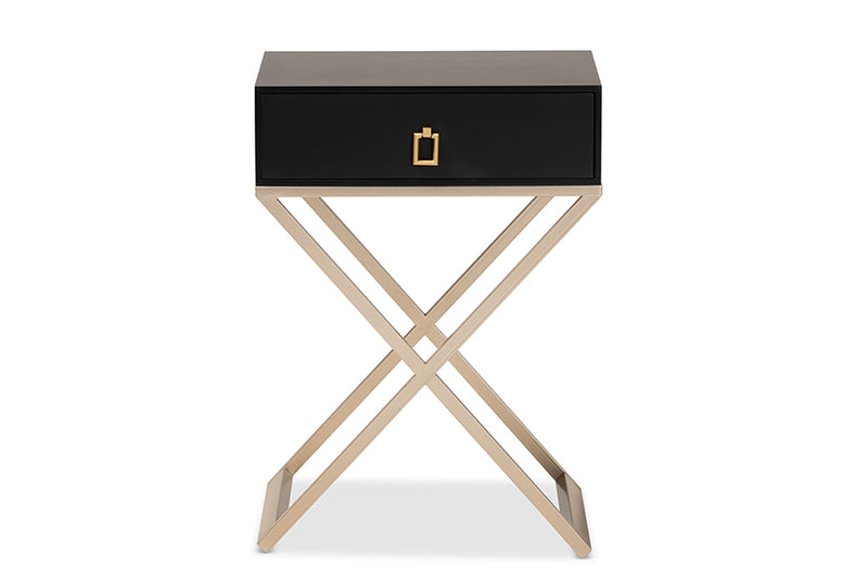 Baxton Studio Patricia Modern and Contemporary Black Finished Wood and Powder Coated Brass Effect Metal 1-Drawer Nightstand