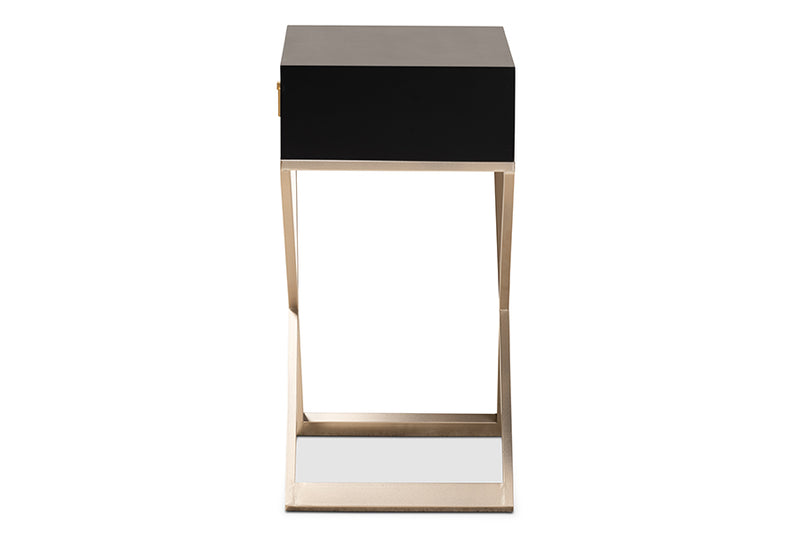 Baxton Studio Patricia Modern and Contemporary Black Finished Wood and Powder Coated Brass Effect Metal 1-Drawer Nightstand