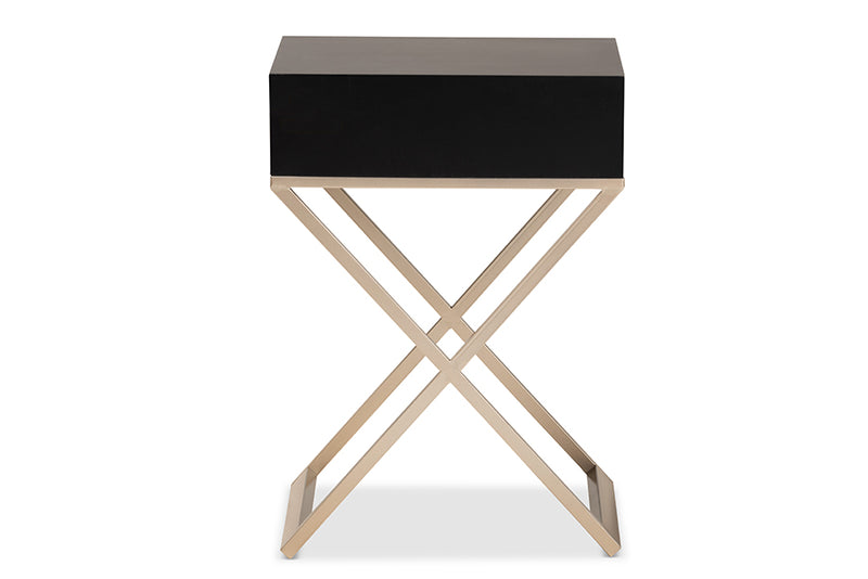 Baxton Studio Patricia Modern and Contemporary Black Finished Wood and Powder Coated Brass Effect Metal 1-Drawer Nightstand