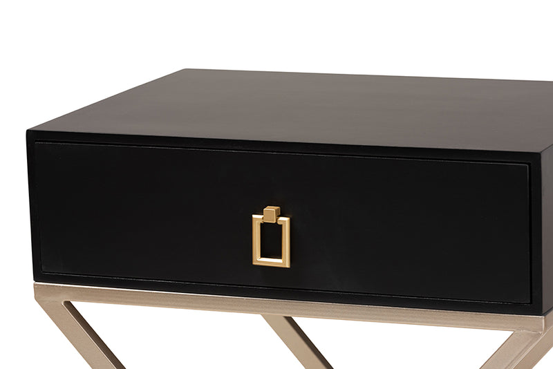 Baxton Studio Patricia Modern and Contemporary Black Finished Wood and Powder Coated Brass Effect Metal 1-Drawer Nightstand