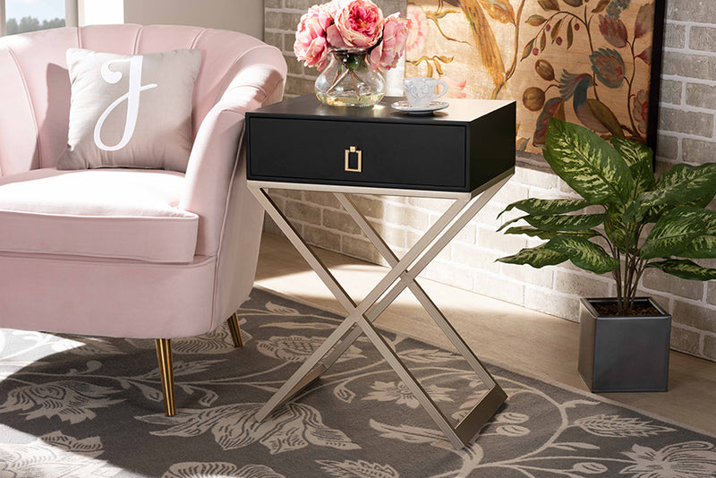 Baxton Studio Patricia Modern and Contemporary Black Finished Wood and Powder Coated Brass Effect Metal 1-Drawer Nightstand
