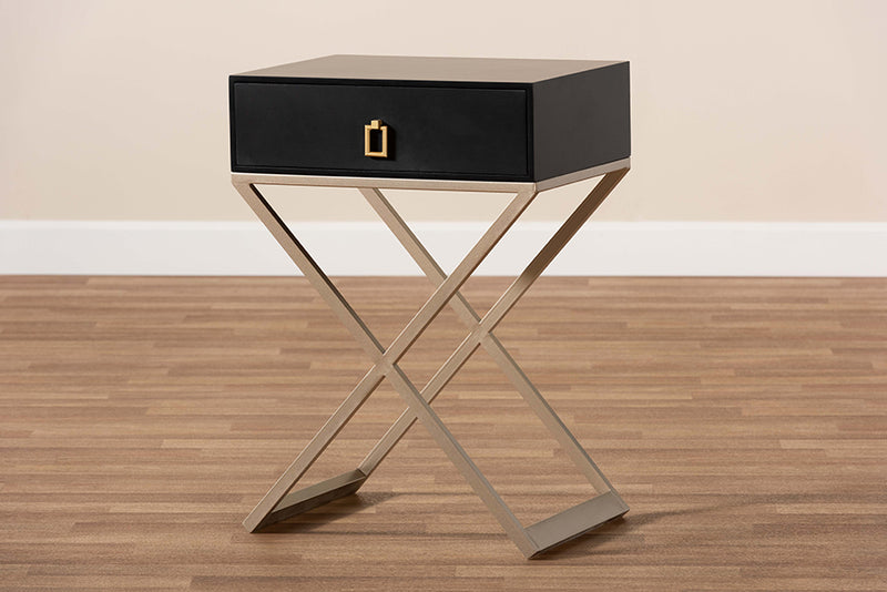Baxton Studio Patricia Modern and Contemporary Black Finished Wood and Powder Coated Brass Effect Metal 1-Drawer Nightstand
