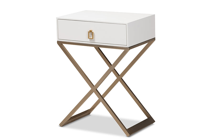 Baxton Studio Patricia Modern and Contemporary White Finished Wood and Powder Coated Brass Effect Metal 1-Drawer Nightstand