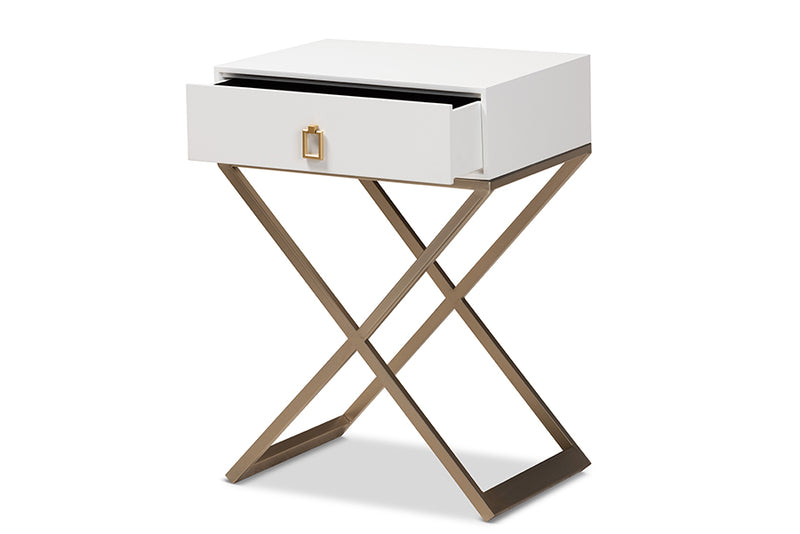 Baxton Studio Patricia Modern and Contemporary White Finished Wood and Powder Coated Brass Effect Metal 1-Drawer Nightstand