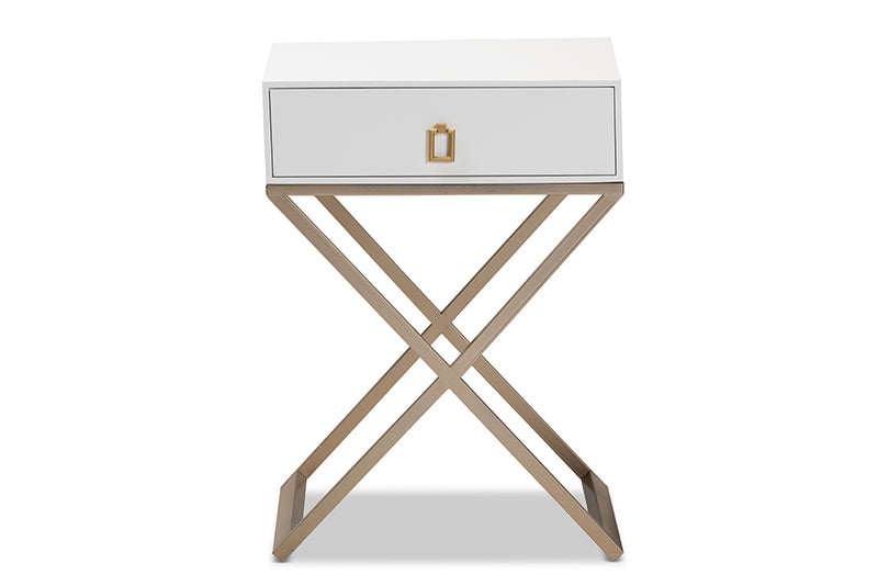 Baxton Studio Patricia Modern and Contemporary White Finished Wood and Powder Coated Brass Effect Metal 1-Drawer Nightstand