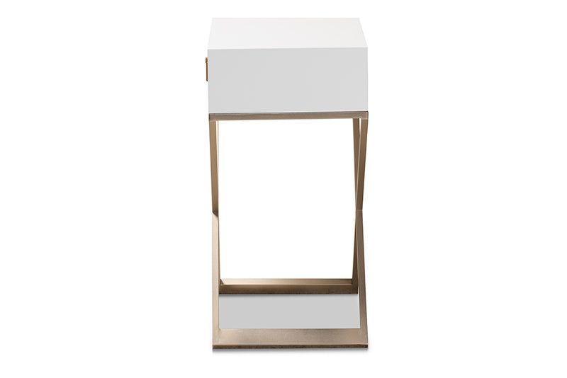 Baxton Studio Patricia Modern and Contemporary White Finished Wood and Powder Coated Brass Effect Metal 1-Drawer Nightstand