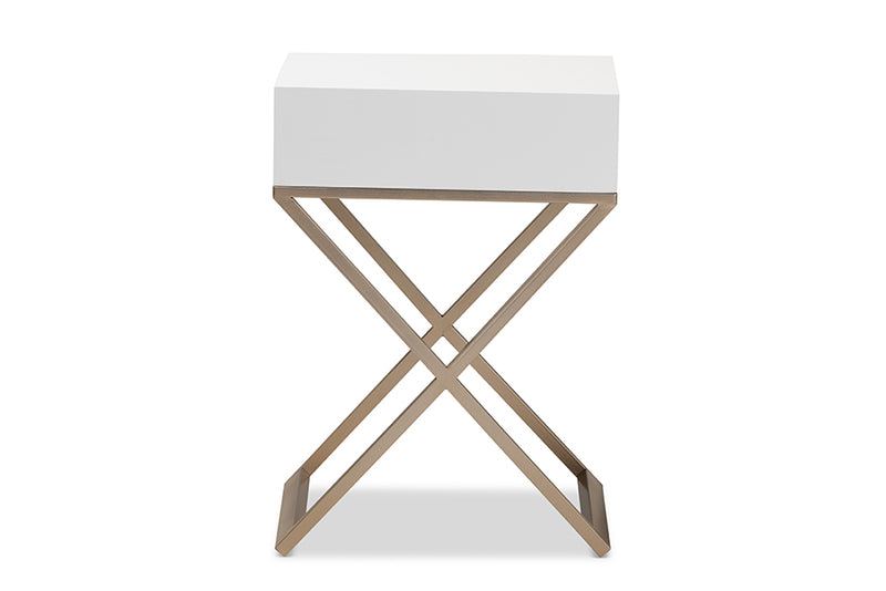 Baxton Studio Patricia Modern and Contemporary White Finished Wood and Powder Coated Brass Effect Metal 1-Drawer Nightstand