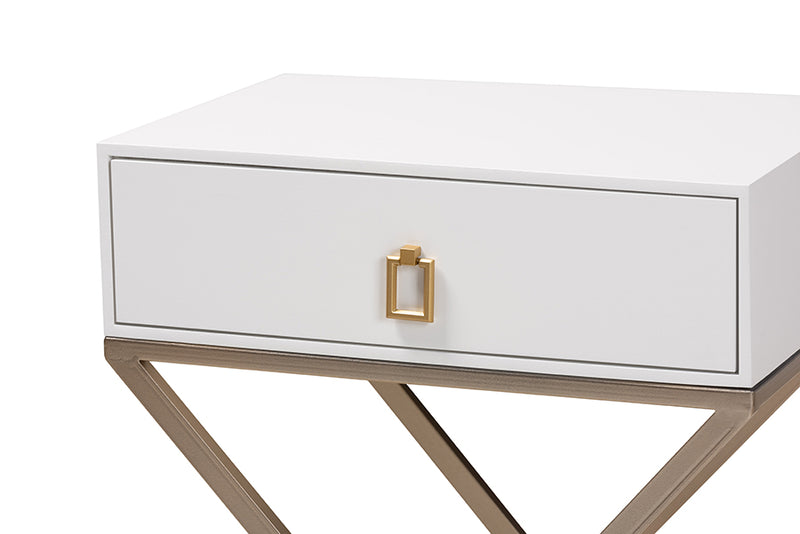 Baxton Studio Patricia Modern and Contemporary White Finished Wood and Powder Coated Brass Effect Metal 1-Drawer Nightstand