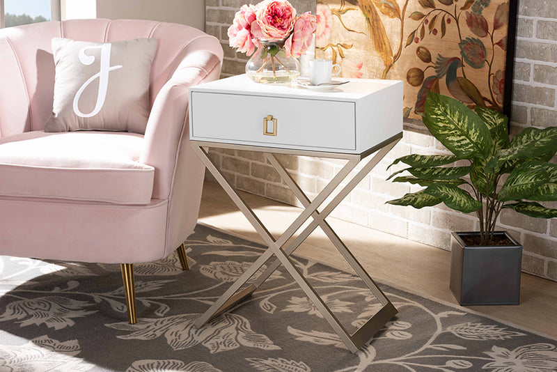 Baxton Studio Patricia Modern and Contemporary White Finished Wood and Powder Coated Brass Effect Metal 1-Drawer Nightstand