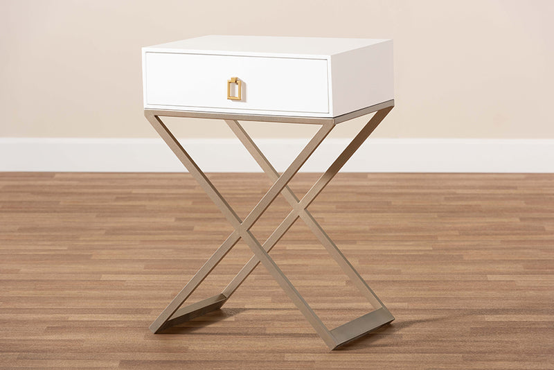 Baxton Studio Patricia Modern and Contemporary White Finished Wood and Powder Coated Brass Effect Metal 1-Drawer Nightstand