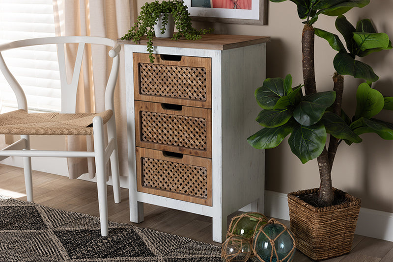 Baxton Studio Vincent Rustic Farmhouse and Shabby Chic White and Oak Brown Finished 3-Drawer Wood Storage Cabinet