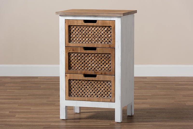 Baxton Studio Vincent Rustic Farmhouse and Shabby Chic White and Oak Brown Finished 3-Drawer Wood Storage Cabinet