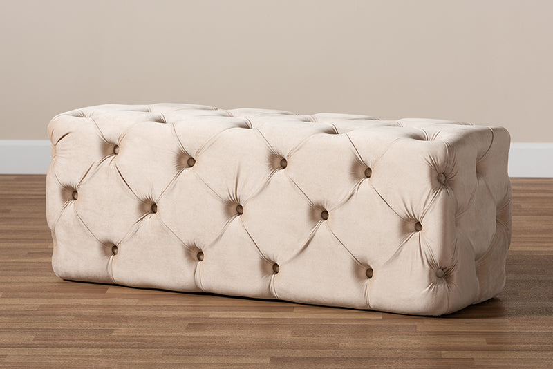 Baxton Studio Jasmine Modern Contemporary Glam and Luxe Beige Velvet Fabric Upholstered Button Tufted Bench Ottoman