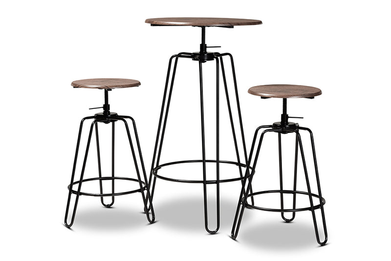 Baxton Studio Veera Vintage Industrial Rustic Walnut Finished Wood and Black Metal 3-Piece Height Adjustable Bar Pub Set