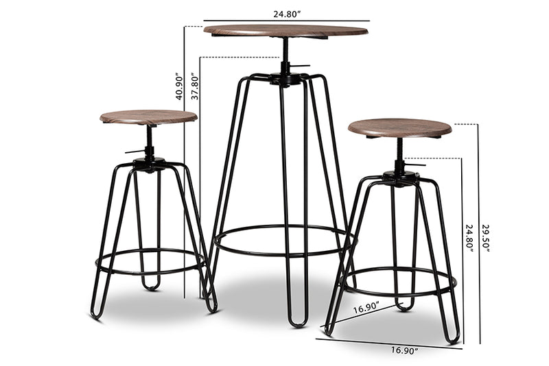Baxton Studio Veera Vintage Industrial Rustic Walnut Finished Wood and Black Metal 3-Piece Height Adjustable Bar Pub Set