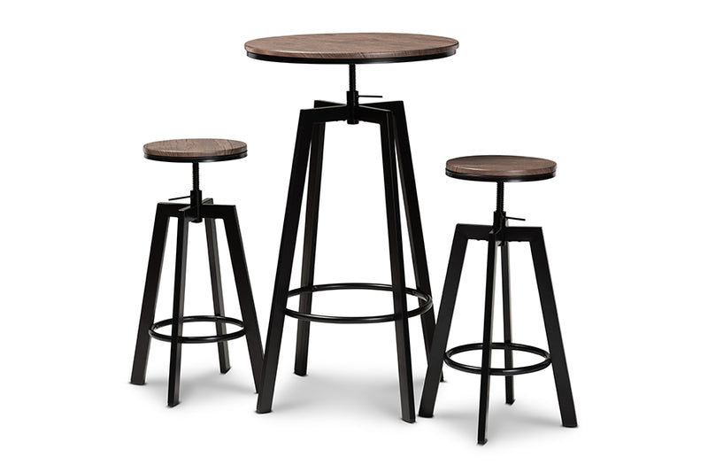 Baxton Studio Maritta Vintage Industrial Rustic Walnut Finished Wood and Black Metal 3-Piece Height Adjustable Bar Pub Set