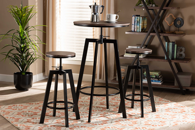 Baxton Studio Maritta Vintage Industrial Rustic Walnut Finished Wood and Black Metal 3-Piece Height Adjustable Bar Pub Set