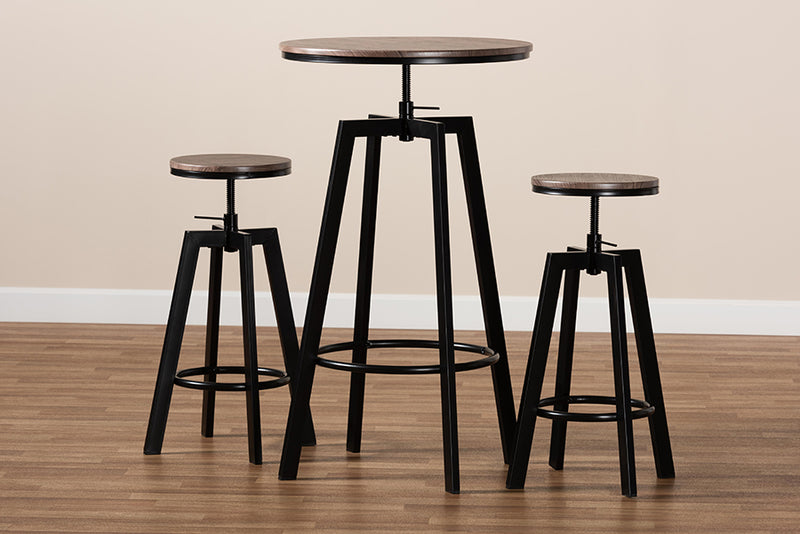 Baxton Studio Maritta Vintage Industrial Rustic Walnut Finished Wood and Black Metal 3-Piece Height Adjustable Bar Pub Set