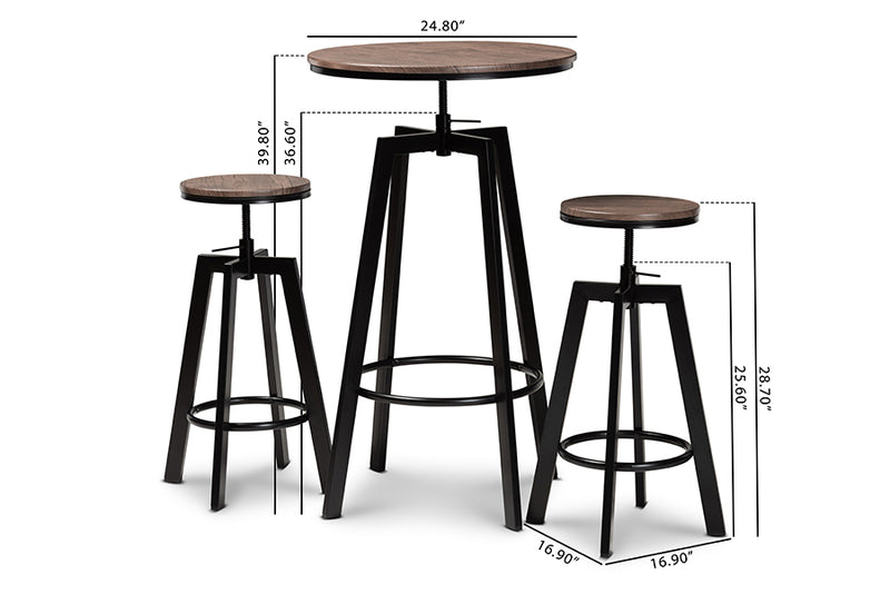 Baxton Studio Maritta Vintage Industrial Rustic Walnut Finished Wood and Black Metal 3-Piece Height Adjustable Bar Pub Set