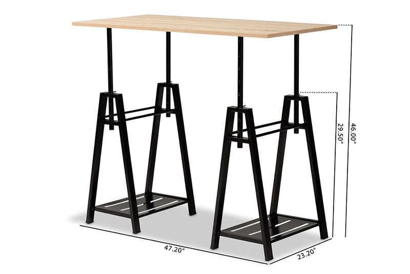 Baxton Studio Mary Modern and Industrial Light Oak Finished Wood and Black Metal Height Adjustable Desk