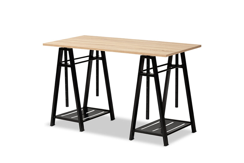 Baxton Studio Mary Modern and Industrial Light Oak Finished Wood and Black Metal Height Adjustable Desk