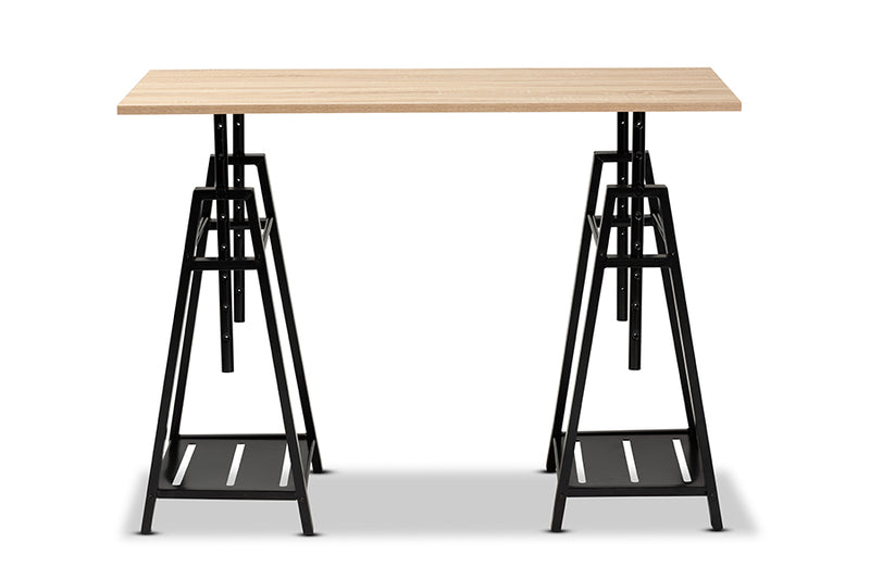 Baxton Studio Mary Modern and Industrial Light Oak Finished Wood and Black Metal Height Adjustable Desk
