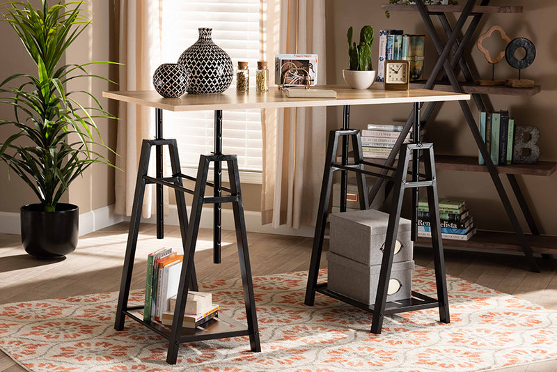 Baxton Studio Mary Modern and Industrial Light Oak Finished Wood and Black Metal Height Adjustable Desk