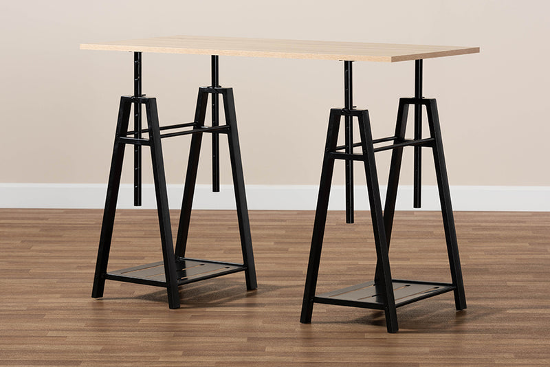Baxton Studio Mary Modern and Industrial Light Oak Finished Wood and Black Metal Height Adjustable Desk